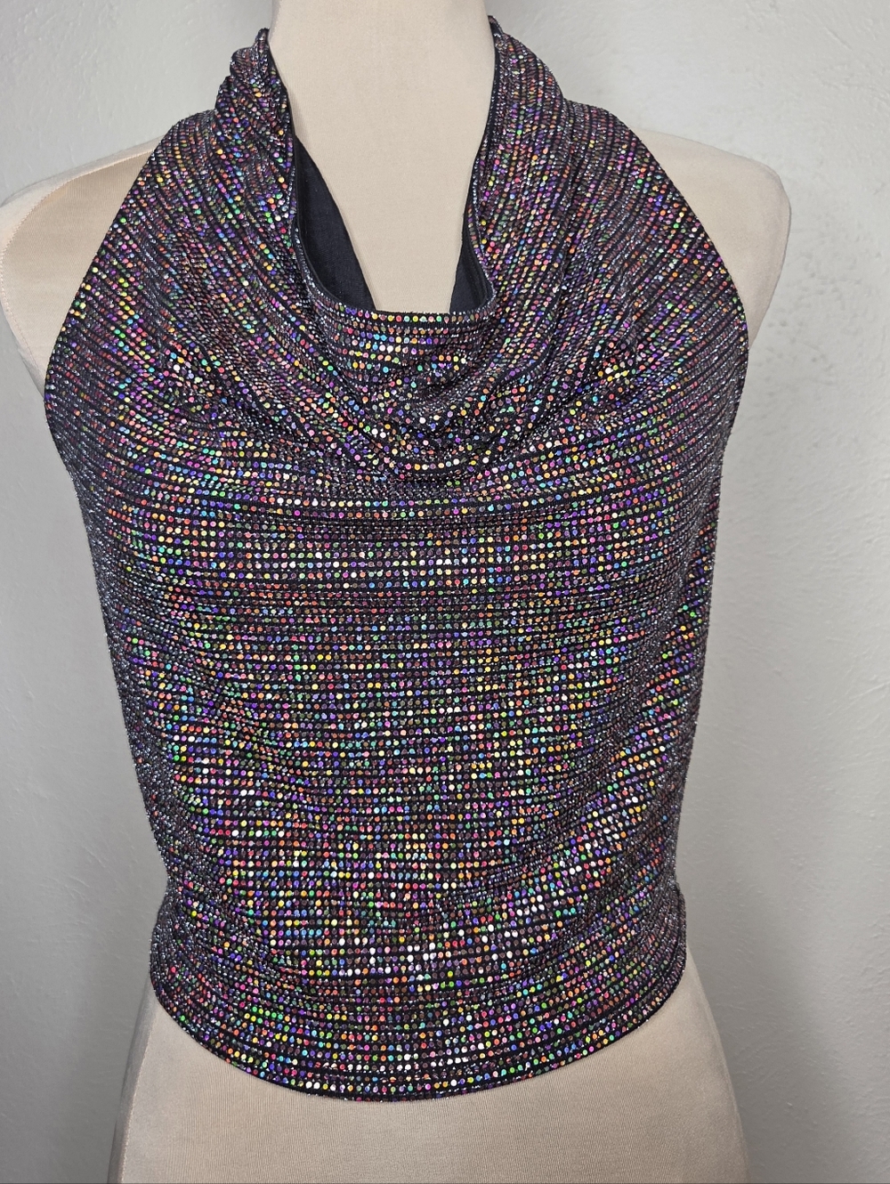 Rainbow Rhinestone Halter Top Open Back Y2K Disco Rave Festival Cowl Crop Top L
